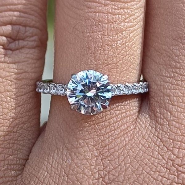 7mm Round Cut Cathedral Set Engagement Ring, 1.20carat Wedding CZ Ring, Hidden Pave Set Bridge Ring, 925 Silver Half Eternity Vintage Ring