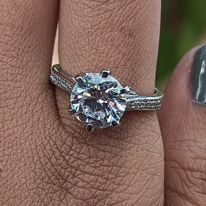 2.68 Carat CZ Channel Set Silver Wedding Ring, Cross-Over Prong Engagement Ring, Simulated Diamond Bridal Ring, Round Stone Ladies Ring