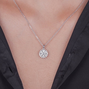 Flower Halo Diamond Solitaire Necklace, 2 Carat 8 mm Round Cut Diamond Sterling Silver Pendant, Designer Necklace Gift For Wife, Sister, Mom