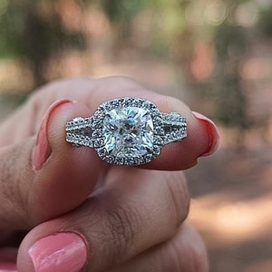 Halo split shank cushion cut sterling silver engagement ring sales