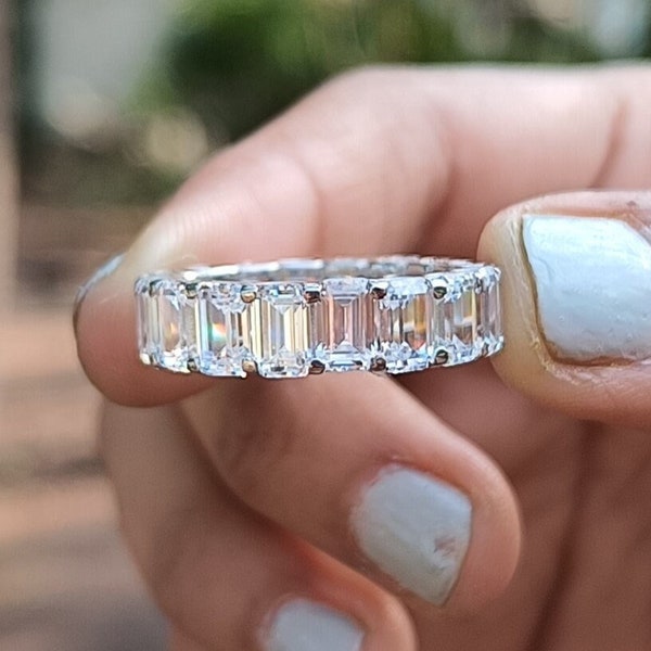 Emerald Cut 6 x 4mm Ring, 925 Sterling Silver Band, Wedding Ring, Daily Wear Diamond Ring, Full Eternity Anniversary Band, Unique Collection