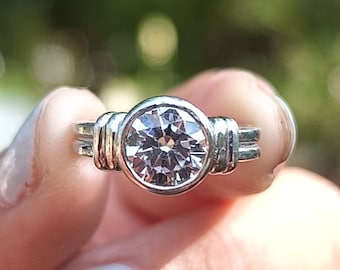 Lady Captain Ring / 1.50CT Round Cut Bezel Set Solitaire Ring / 925 Sterling Silver Promise Wedding Ring / Simple Anniversary Ring for Women