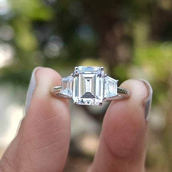 Three Stone Emerald Cut CZ Engagement Ring, 9X7mm Wedding Anniversary Ring Gift for Wife, Tapered Baguette Side Stone Setting Silver Ring,