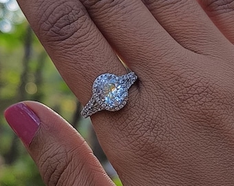 Bague de fiançailles en argent 925 avec zircon cubique ovale de 9 x 7 mm, anneau fendu serti de diamant ovale, cadeau de mariage pour elle
