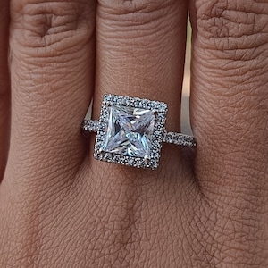 8mm Princess Cut CZ Engagement Halo Ring, Unique Square Diamond Halo Wedding Ring for Women, Anniversary Ring Gift For Her 925 Silver