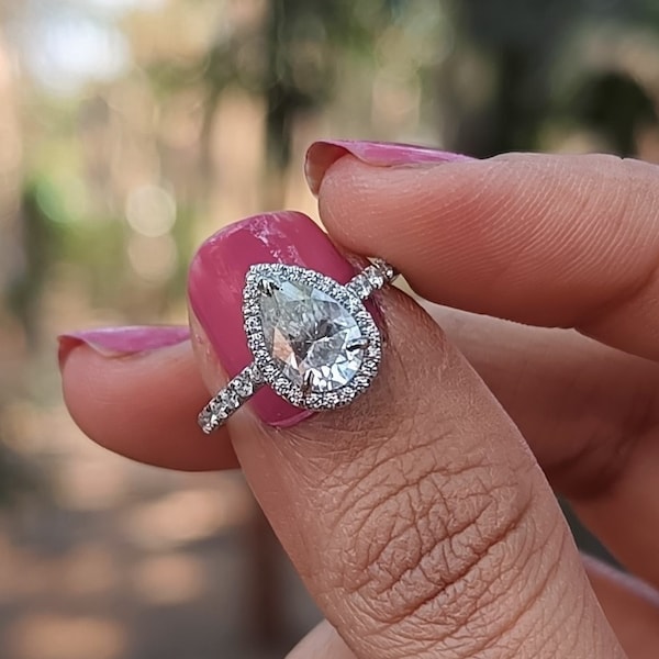 Anillo de halo de circonita cúbica de corte de pera de 9 x 6 mm, Anillo de boda de pera, Anillo de aniversario apilable para ella, Anillo de propuesta, Anillo de plata, Anillo de lágrima para mujer