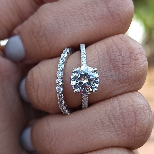 Anillo de aniversario redondo de 8 mm con dos circonitas cúbicas, anillo perfecto de plata de ley 925, anillo de boda para ella, anillo de media eternidad, regalo de cumpleaños