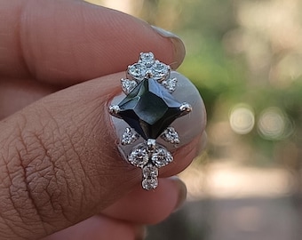 Black Diamond Engagement Ring, Princess Cut Engagement Ring, Stacking Ring, Black Gemstone Ring, Wedding Ring, 925 Sterling Silver Ring