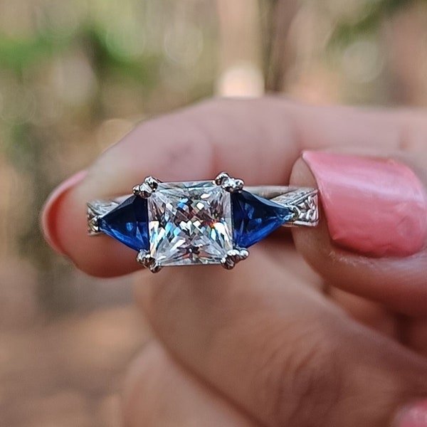 Art Deco Center Princess With Blue Triangle Sapphire Cut CZ Diamond Ring, 3 Stone Diamond Ring, Engagement Bride Ring, Sterling Silver Ring