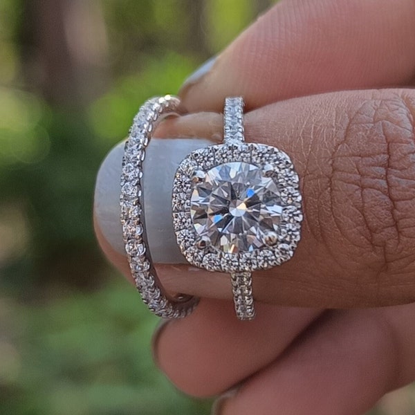 Halo 2 Piece Round Bridal Ring, Engagement Wedding Band Ring, Solid Halo Piece Set Round Diamond Band Ring, CZ 925 Sterling Silver 7.50mm