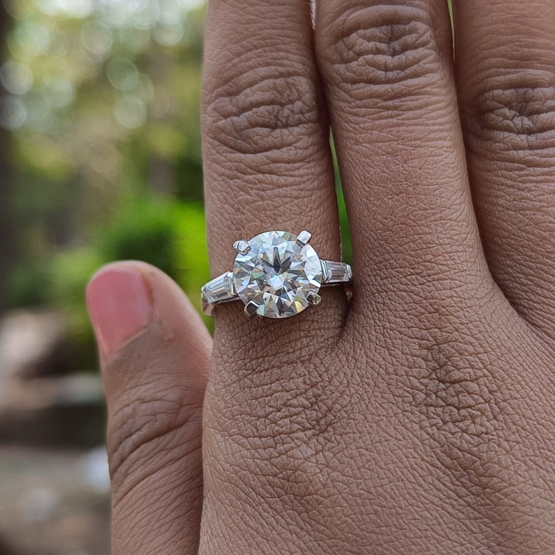 10.5MM Round and Side Tapered Baguette Cubic Zirconia Ring, Three Stone Silver Diamond Ring, 4 Prong Wedding Ring, Anniversary Gift Ring - Etsy 10.5MM Round and Side Tapered Baguette Cubic Zirconia Ring, Three Stone Silver Diamond Ring, 4 Prong Wedding Ring, Anniversary Gift Ring - Etsy