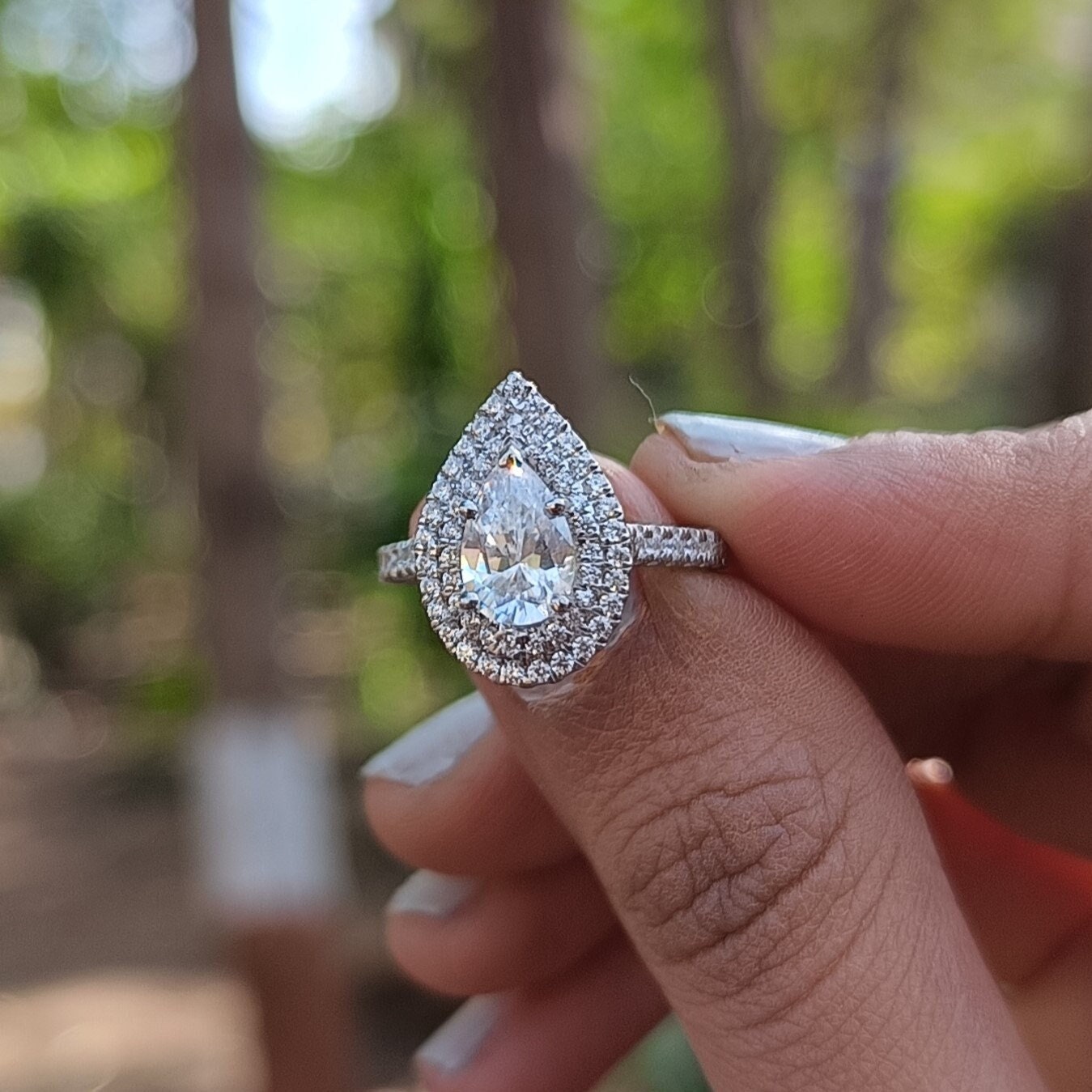 Double halo pear diamond ring clearance