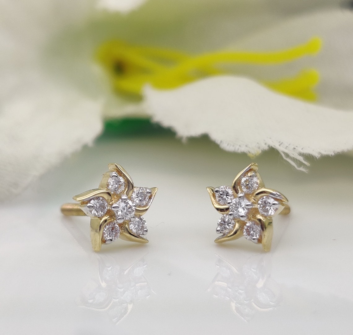 Star Earrings Diamond Star Earrings In 14k Gold Round Cut Etsy