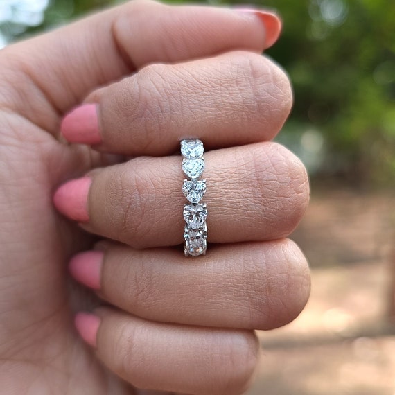 4mm Heart Shaped Full Eternity Diamond Band, 925 Silver Wedding