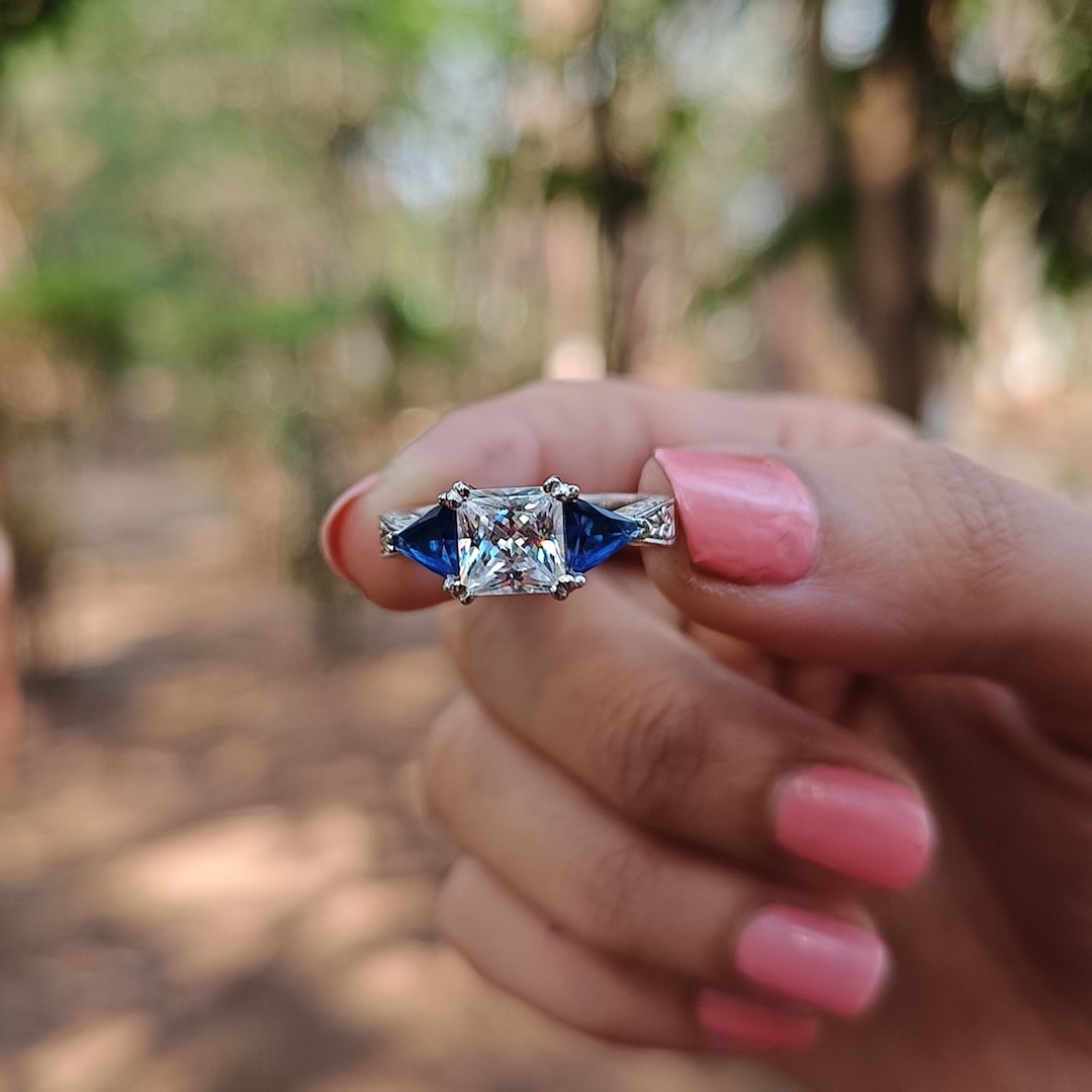 Art Deco Center Princess With Blue Triangle Sapphire Cut CZ