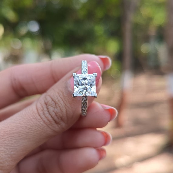 8mm Princess Cut Cubic Zirconia Wedding Ring, Channel Set Accents Ring,  Unique Princess Cut Engagement Ring Gift For Women