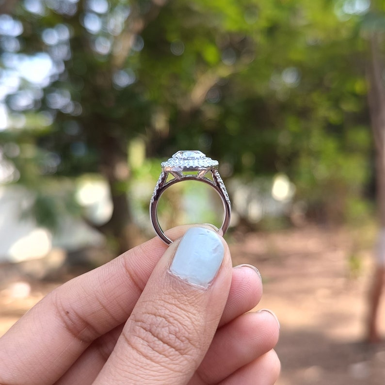Double Halo Round Cut Engagement Ring, Split Shank Pave Wedding Ring ...