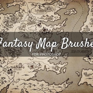 May include: A detailed fantasy map illustration with a vintage aesthetic. The map features various locations, including castles, towns, and geographical features. Text overlay reads "Fantasy Map Brushes for Photoshop."