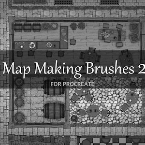 May include: Black and white digital art of a fantasy map, featuring a tavern interior with tables, chairs, barrels, and a bar. The text "Map Making Brushes 2" is displayed prominently, with "FOR PROCREATE" below.