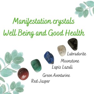 Conjunto de manifestación / Conjunto de cristales de bienestar y buena salud / Estar bien y mantenerse saludable / 5 cristales encantadores en el embalaje de regalo / Tarjeta de información de cristal