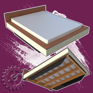 May include: A wooden bed frame with a slatted base and a white mattress. The frame is made of light brown wood and has a simple design.