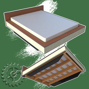 Puede incluir: Un marco de cama de madera con un colchón blanco. El marco está hecho de listones de madera y tiene un acabado marrón oscuro. El marco de la cama se muestra desde dos ángulos, uno con el colchón en la parte superior y el otro con el colchón retirado para mostrar los listones.