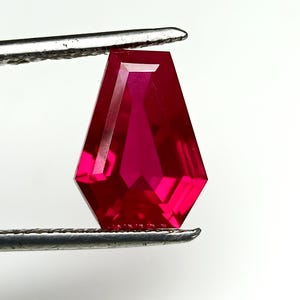 Puede incluir: Una piedra preciosa de color rojo intenso con un corte facetado en forma de cometa. La piedra preciosa está sujeta por unas pinzas.