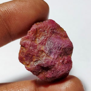 May include: A raw, uncut ruby gemstone, displaying a deep red colour and a textured surface. The ruby is held between fingers, highlighting its natural, unrefined form. The gemstone shows variations in colour and texture.