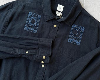 Navy embroidered tarot card button down shirt, men's XL women's XXL