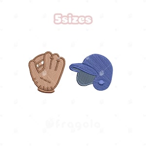 May include: An embroidered baseball glove and helmet in a cartoon style. The glove is tan with brown stitching, and the helmet is blue. The text "5 sizes" is above the objects.