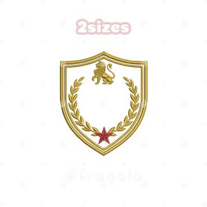 May include: Embroidered shield design with a gold border, a gold lion, and a red star. The shield is surrounded by a gold laurel wreath. The text "2 sizes" is at the top.