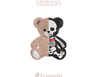 May include: Embroidered patch of a teddy bear with a skeleton on one half and a brown teddy bear on the other half. The skeleton has a red heart in its chest. The patch says "6 sizes" at the top.