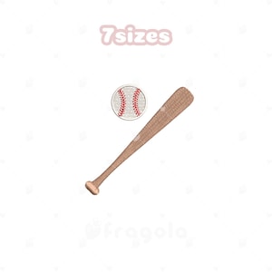 Può includere: Un design di baseball e mazza da baseball nei toni del marrone e del rosso. La palla da baseball è rotonda con cuciture rosse e la mazza è lunga e affusolata. Il testo "7 sizes" è sopra.