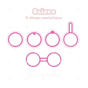 Op de afbeelding: Roze omtrek ontwerpen in vijf verschillende vormen, waaronder cirkels en een bril, met de tekst "8 maten" en "5 vormvariaties". De ontwerpen staan op een witte achtergrond.