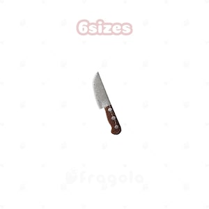 May include: A stainless steel chef's knife with a textured blade and a brown wooden handle. The handle is secured with three rivets. The text "6sizes" is above the knife.