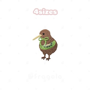 May include: Embroidered kiwi bird patch with brown feathers, a long yellow beak, and a green bib with a bow. The text "4 sizes" is above the bird. The patch is on a white background.