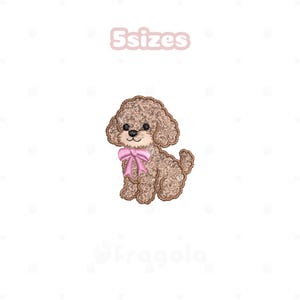 May include: A brown poodle embroidery design with a pink bow. The image includes the text "5 sizes" in a light pink color. The poodle is sitting and facing forward, with a smiling expression.
