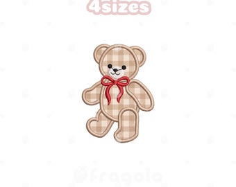 May include: An embroidered teddy bear with a tan and white checkered pattern, a red bow, and black eyes. The text "4 sizes" is above the bear.