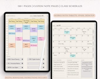 May include: Digital student planner displayed on two tablets. The left tablet shows a class schedule with subjects like Chemistry and English. The right tablet displays a monthly calendar for July 2025, with a to-do list and notes section. The planner is undated.