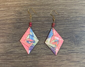 Origami Washi Cross-Pattern Rhombus Earrings with Varnish