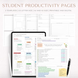 Puede incluir: Páginas de productividad estudiantil con 5 plantillas, tamaños US Letter, A4 y A5. La imagen muestra una tableta con notas de estudio, un bolígrafo y varias páginas impresas con diseños organizativos. El texto incluye "Student Productivity Pages".