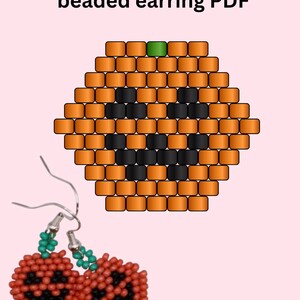 May include: Orange and black beaded Jack-o'-lantern earrings with silver hooks. The earrings are round and feature a carved pumpkin face design. The image also shows a diagram of a Jack-o'-lantern pumpkin design. Text on the image reads: Jack-o'-lantern pumpkin beaded earring PDF.