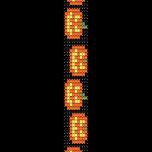 May include: A vertical pattern of six pixelated pumpkins against a black background. Each pumpkin is orange and yellow with a green stem. The pumpkins are evenly spaced and appear to be made of small, square pixels.