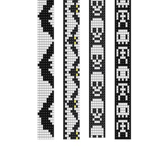 Pode incluir: Quatro designs verticais com padrões pixelizados. O primeiro apresenta morcegos pretos sobre um fundo branco. O segundo tem um padrão preto e branco com detalhes em amarelo. Os designs terceiro e quarto exibem caveiras e ossos cruzados em preto e branco.
