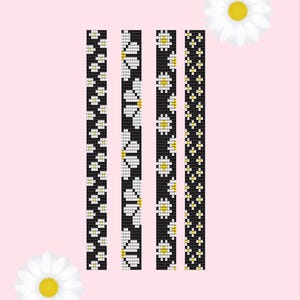 May include: Four black and white daisy-patterned bands on a pink background. The bands feature different daisy designs, with white petals and yellow centres. White daisies are also placed in the corners of the image.