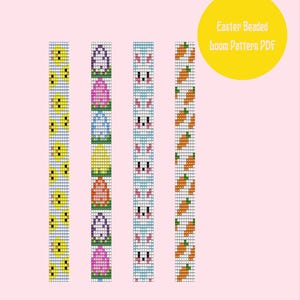 May include: Easter-themed beaded loom pattern PDF featuring designs of chicks, Easter eggs, bunnies, and carrots. The designs are in a pixelated style, with a soft pink background and a yellow circle with text.