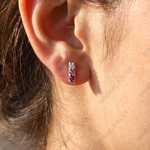 Lab Created Ruby & Pink Sapphire Bar Stud Earrings, 14k Solid Gold Diamond Push Back Earring, Dainty Minimalist Jewelry for Her