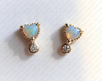 Heart Cut Opal Studs Earring,  Lab Grown Diamond Earring, Solid 14k Gold Anniversary Gift, Moissanite Earring, Unique Gemstone Studs Earring