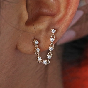 Orecchini pendenti con catena avvolgente in diamanti coltivati in laboratorio da 0,65 ct, orecchini con due piercing in moissanite in oro massiccio 14k per donna (il prezzo è per singolo orecchino)
