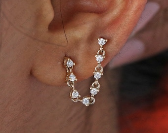 0.65ct Lab grown Diamond Wrap Chain Drop Connecting Earring, Solid 14k Gold Moissanite Two Piercing Earring for Woman (price is for single)